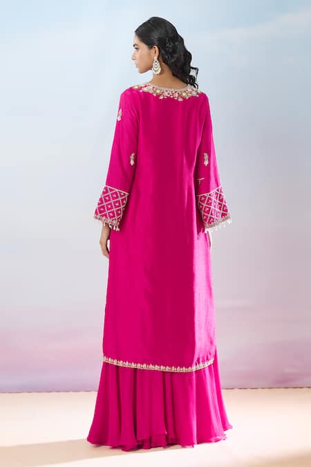 Shop Samyukta Singhania Pink Denim, Chiffon, Net Beads, Floral Hand Embroidered Kurta Sharara Set at Aza Fashions Shop_Samyukta Singhania_Pink Denim, Chiffon, Net Beads, Floral Hand Embroidered Kurta Sharara Set _at_Aza_Fashions