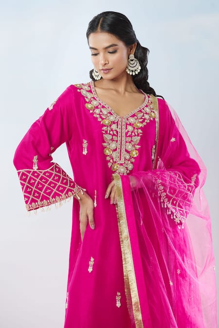 Buy Samyukta Singhania Pink Denim, Chiffon, Net Beads, Floral Hand Embroidered Kurta Sharara Set Online at Aza Fashions Buy_Samyukta Singhania_Pink Denim, Chiffon, Net Beads, Floral Hand Embroidered Kurta Sharara Set _Online_at_Aza_Fashions