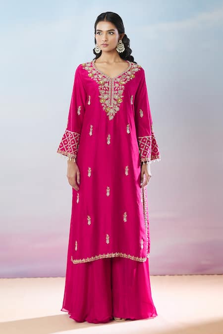 Samyukta Singhania Pink Denim, Chiffon, Net Beads, Floral Hand Embroidered Kurta Sharara Set at Aza Fashions Samyukta Singhania_Pink Denim, Chiffon, Net Beads, Floral Hand Embroidered Kurta Sharara Set _at_Aza_Fashions