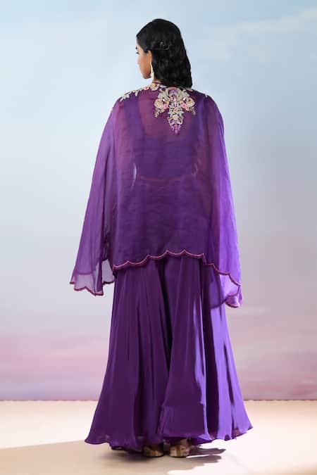 Shop Samyukta Singhania Purple Crepe Pearls, Sequins, Embroidery, Beads Floral Hand Cape And Skirt Set at Aza Fashions Shop_Samyukta Singhania_Purple Crepe Pearls, Sequins, Embroidery, Beads Floral Hand Cape And Skirt Set _at_Aza_Fashions