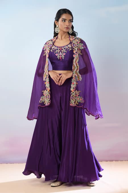 Shop Samyukta Singhania Purple Crepe Pearls, Sequins, Embroidery, Beads Floral Hand Cape And Skirt Set Online at Aza Fashions Shop_Samyukta Singhania_Purple Crepe Pearls, Sequins, Embroidery, Beads Floral Hand Cape And Skirt Set _Online_at_Aza_Fashions