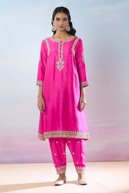 Shop_Samyukta Singhania_Pink Denim, Tissue Gota Patti, Embroidery Round Neck Hand Anarkali Set _Online_at_Aza_Fashions