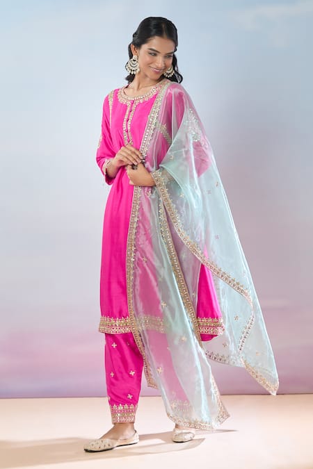 Samyukta Singhania_Pink Denim, Tissue Gota Patti, Embroidery Round Neck Hand Anarkali Set _at_Aza_Fashions