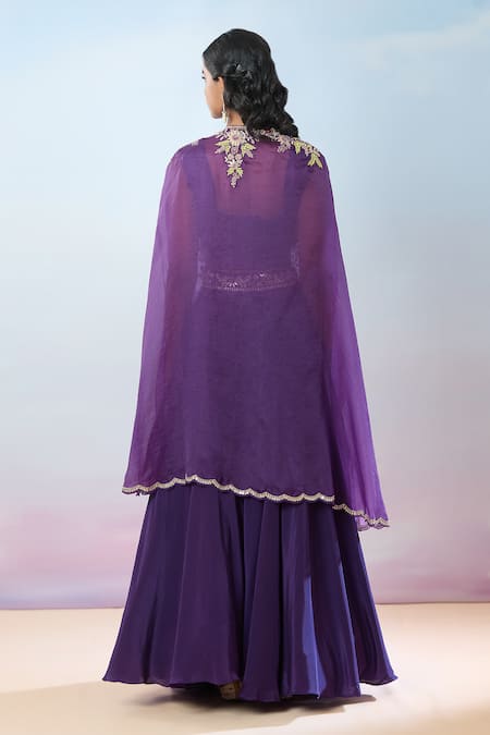 Shop_Samyukta Singhania_Purple Crepe Beads, Gota Patti, Pearls, Embroidery Floral Cape And Skirt Set _at_Aza_Fashions