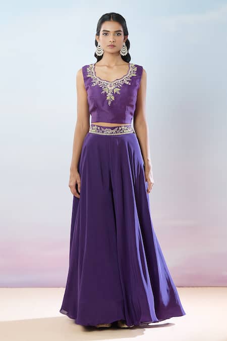 Samyukta Singhania_Purple Crepe Beads, Gota Patti, Pearls, Embroidery Floral Cape And Skirt Set _Online_at_Aza_Fashions