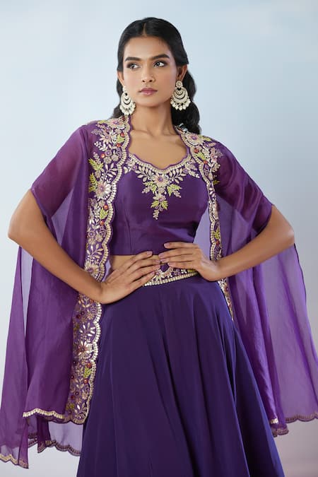 Buy_Samyukta Singhania_Purple Crepe Beads, Gota Patti, Pearls, Embroidery Floral Cape And Skirt Set _Online_at_Aza_Fashions