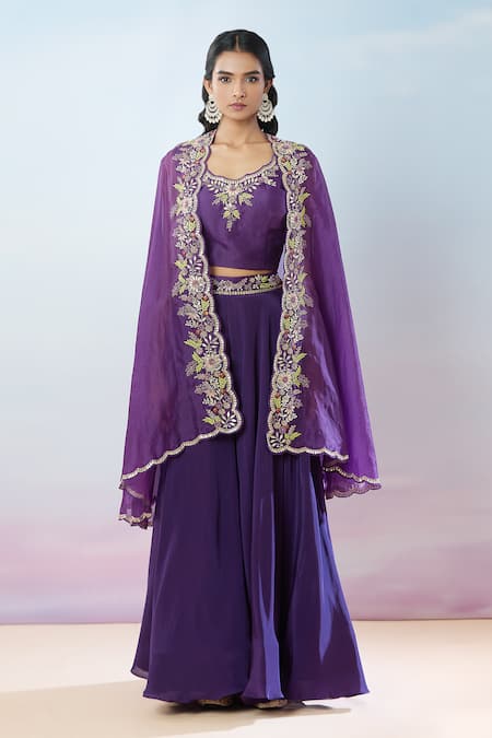 Shop_Samyukta Singhania_Purple Crepe Beads, Gota Patti, Pearls, Embroidery Floral Cape And Skirt Set _Online_at_Aza_Fashions