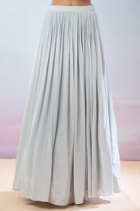 Samyukta Singhania_Gray Satin, Crepe Embroidery Round Neck Floral Kaftan And Skirt Set _Online_at_Aza_Fashions