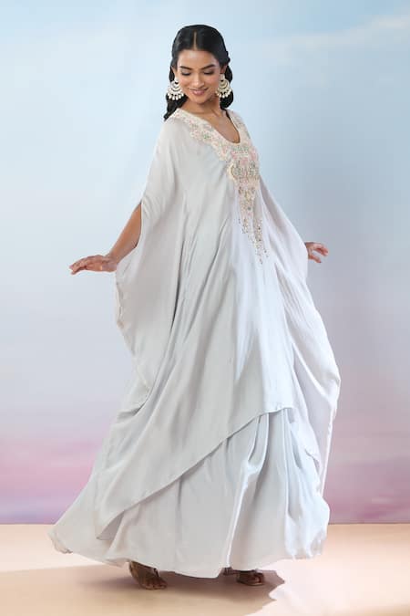 Buy_Samyukta Singhania_Gray Satin, Crepe Embroidery Round Neck Floral Kaftan And Skirt Set _Online_at_Aza_Fashions