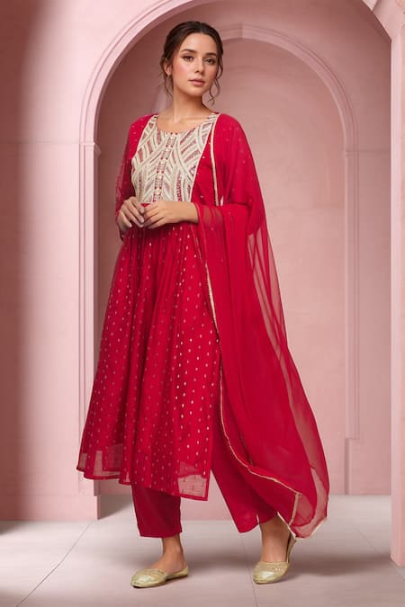 Samyukta Singhania Red Kurta Chanderi Silk Embroidered Sequin And Thread Work Anarkali Pant Set 