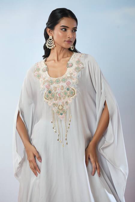 Shop_Samyukta Singhania_Gray Satin, Crepe Embroidery Round Neck Floral Kaftan And Skirt Set _Online_at_Aza_Fashions
