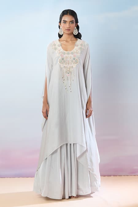 Samyukta Singhania_Gray Satin, Crepe Embroidery Round Neck Floral Kaftan And Skirt Set _at_Aza_Fashions