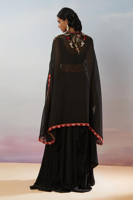 Shop Samyukta Singhania Black Cotton, Crepe Embroidery, Gota Patti, Floral Hand Cape And Dhoti Skirt Set at Aza Fashions Shop_Samyukta Singhania_Black Cotton, Crepe Embroidery, Gota Patti, Floral Hand Cape And Dhoti Skirt Set _at_Aza_Fashions