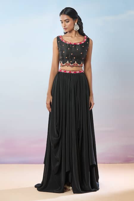 Samyukta Singhania Black Cotton, Crepe Embroidery, Gota Patti, Floral Hand Cape And Dhoti Skirt Set Online at Aza Fashions Samyukta Singhania_Black Cotton, Crepe Embroidery, Gota Patti, Floral Hand Cape And Dhoti Skirt Set _Online_at_Aza_Fashions