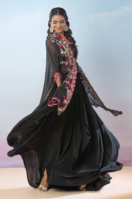 Shop Samyukta Singhania Black Cotton, Crepe Embroidery, Gota Patti, Floral Hand Cape And Dhoti Skirt Set Online at Aza Fashions Shop_Samyukta Singhania_Black Cotton, Crepe Embroidery, Gota Patti, Floral Hand Cape And Dhoti Skirt Set _Online_at_Aza_Fashions
