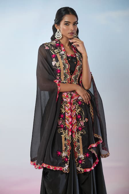 Samyukta Singhania Black Cotton, Crepe Embroidery, Gota Patti, Floral Hand Cape And Dhoti Skirt Set at Aza Fashions Samyukta Singhania_Black Cotton, Crepe Embroidery, Gota Patti, Floral Hand Cape And Dhoti Skirt Set _at_Aza_Fashions