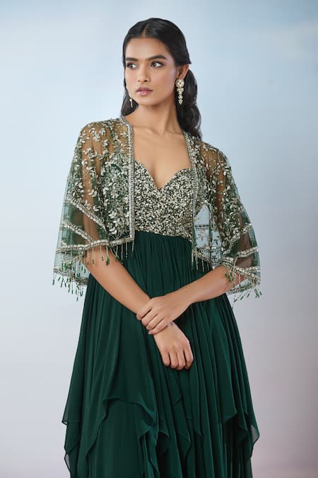 Samyukta Singhania Green Net, Georgette Sequins, Tassels, Beads Hand Embroidered Gown And Cape Set Online at Aza Fashions Samyukta Singhania_Green Net, Georgette Sequins, Tassels, Beads Hand Embroidered Gown And Cape Set _Online_at_Aza_Fashions