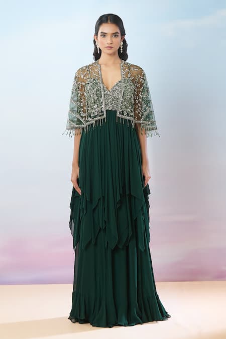 Buy Samyukta Singhania Green Net, Georgette Sequins, Tassels, Beads Hand Embroidered Gown And Cape Set Online at Aza Fashions Buy_Samyukta Singhania_Green Net, Georgette Sequins, Tassels, Beads Hand Embroidered Gown And Cape Set _Online_at_Aza_Fashions