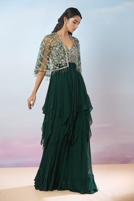 Shop Samyukta Singhania Green Net, Georgette Sequins, Tassels, Beads Hand Embroidered Gown And Cape Set Online at Aza Fashions Shop_Samyukta Singhania_Green Net, Georgette Sequins, Tassels, Beads Hand Embroidered Gown And Cape Set _Online_at_Aza_Fashions