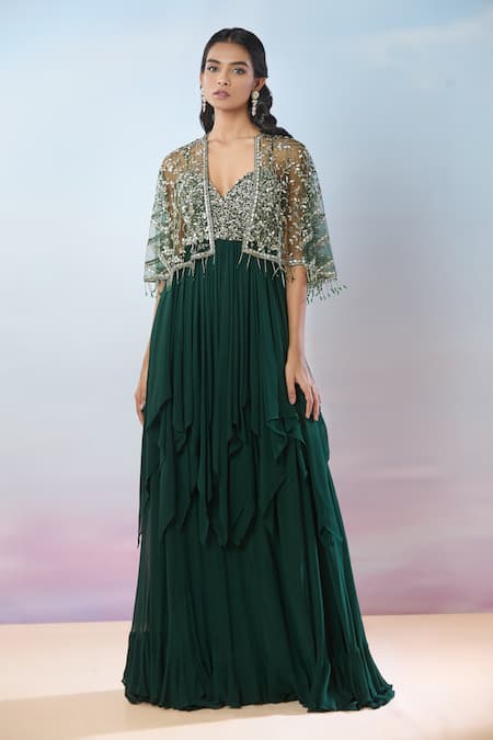 Samyukta Singhania Green Net, Georgette Sequins, Tassels, Beads Hand Embroidered Gown And Cape Set at Aza Fashions Samyukta Singhania_Green Net, Georgette Sequins, Tassels, Beads Hand Embroidered Gown And Cape Set _at_Aza_Fashions