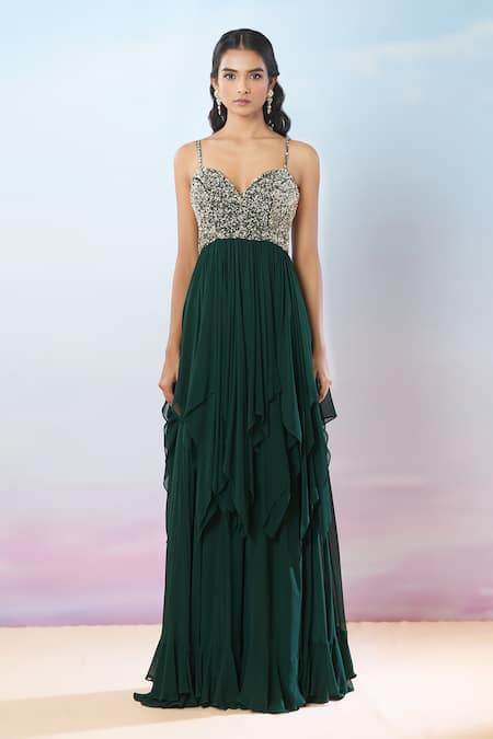 Buy Samyukta Singhania Green Net, Georgette Sequins, Tassels, Beads Hand Embroidered Gown And Cape Set Buy_Samyukta Singhania_Green Net, Georgette Sequins, Tassels, Beads Hand Embroidered Gown And Cape Set