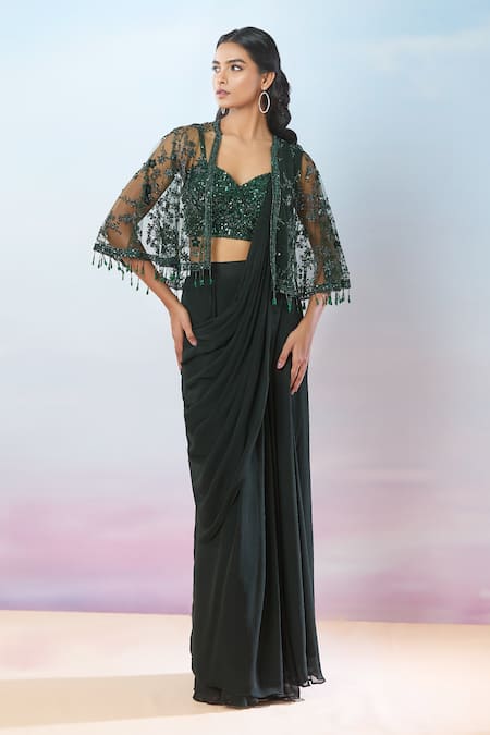 Samyukta Singhania Pleated Solid Pre-Draped Saree Set With Embroidered Cape 