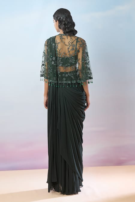 Shop Samyukta Singhania Green Net, Georgette Sequins, Beads, Floral Embroidered Pre-draped Saree Set at Aza Fashions Shop_Samyukta Singhania_Green Net, Georgette Sequins, Beads, Floral Embroidered Pre-draped Saree Set _at_Aza_Fashions