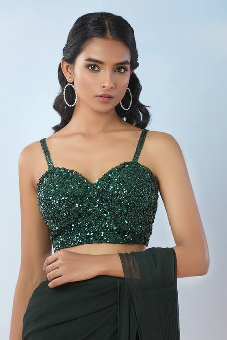 Samyukta Singhania Green Net, Georgette Sequins, Beads, Floral Embroidered Pre-draped Saree Set Online at Aza Fashions Samyukta Singhania_Green Net, Georgette Sequins, Beads, Floral Embroidered Pre-draped Saree Set _Online_at_Aza_Fashions