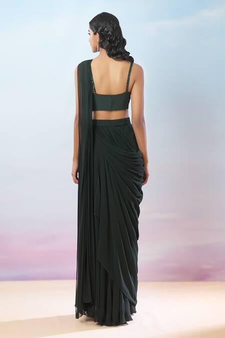 Buy Samyukta Singhania Green Net, Georgette Sequins, Beads, Floral Embroidered Pre-draped Saree Set Online at Aza Fashions Buy_Samyukta Singhania_Green Net, Georgette Sequins, Beads, Floral Embroidered Pre-draped Saree Set _Online_at_Aza_Fashions