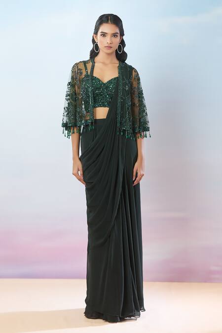 Shop Samyukta Singhania Green Net, Georgette Sequins, Beads, Floral Embroidered Pre-draped Saree Set Online at Aza Fashions Shop_Samyukta Singhania_Green Net, Georgette Sequins, Beads, Floral Embroidered Pre-draped Saree Set _Online_at_Aza_Fashions