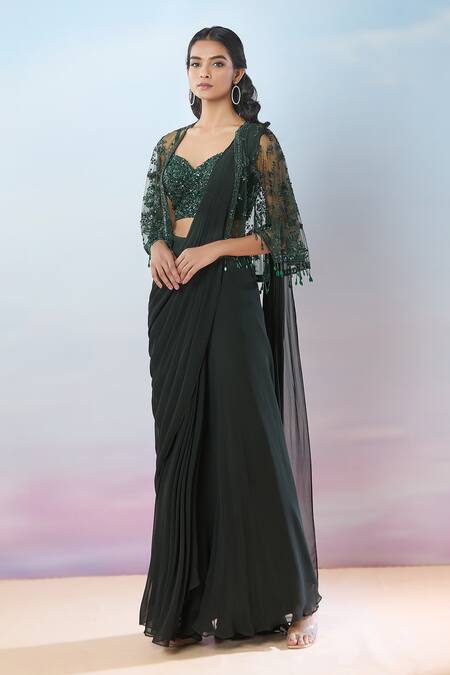 Samyukta Singhania Green Net, Georgette Sequins, Beads, Floral Embroidered Pre-draped Saree Set at Aza Fashions Samyukta Singhania_Green Net, Georgette Sequins, Beads, Floral Embroidered Pre-draped Saree Set _at_Aza_Fashions