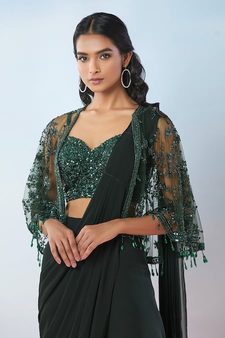 Buy Samyukta Singhania Green Net, Georgette Sequins, Beads, Floral Embroidered Pre-draped Saree Set Buy_Samyukta Singhania_Green Net, Georgette Sequins, Beads, Floral Embroidered Pre-draped Saree Set