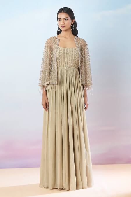 Samyukta Singhania_Beige Chiffon Sequins, Beads, Tassels Geometric Hand Embroidered Gown And Cape _Online_at_Aza_Fashions