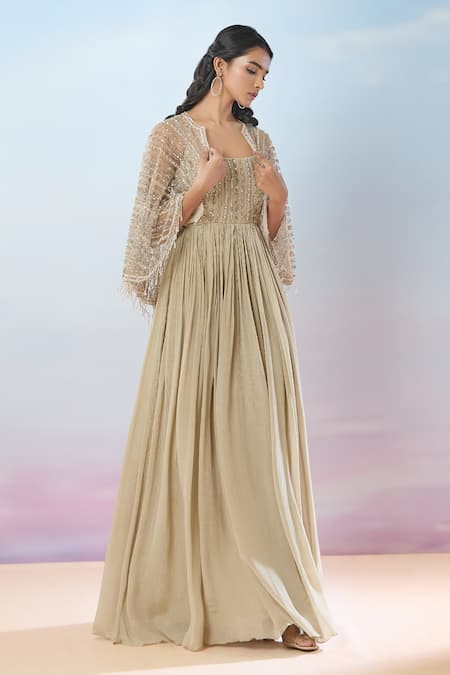 Buy_Samyukta Singhania_Beige Chiffon Sequins, Beads, Tassels Geometric Hand Embroidered Gown And Cape _Online_at_Aza_Fashions