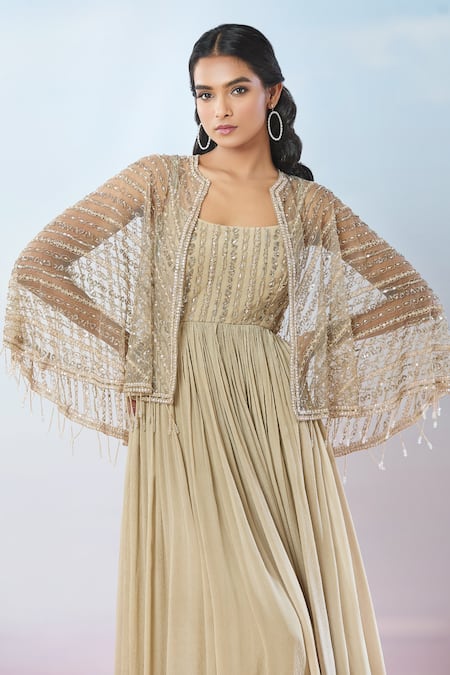Shop_Samyukta Singhania_Beige Chiffon Sequins, Beads, Tassels Geometric Hand Embroidered Gown And Cape _Online_at_Aza_Fashions