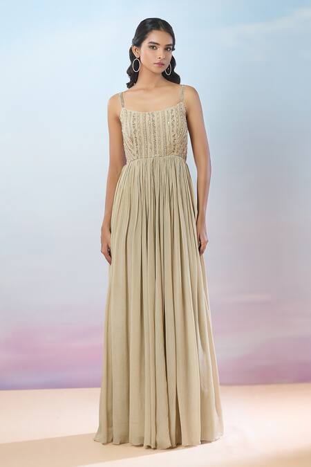 Samyukta Singhania_Beige Chiffon Sequins, Beads, Tassels Geometric Hand Embroidered Gown And Cape _at_Aza_Fashions