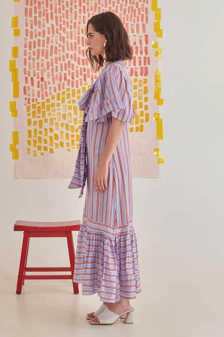 Khajoor Studio_Multi Color Modal, Satin Pearls Round Neck Embroidered Stripe Maxi Dress _Online_at_Aza_Fashions