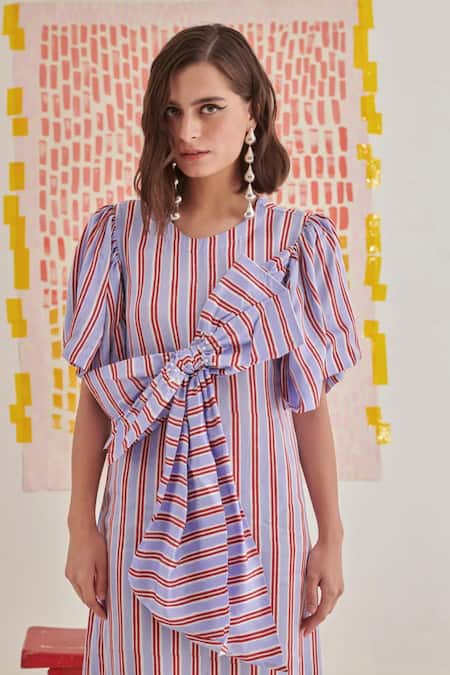 Buy_Khajoor Studio_Multi Color Modal, Satin Pearls Round Neck Embroidered Stripe Maxi Dress _Online_at_Aza_Fashions