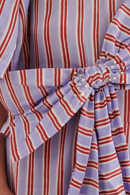 Shop_Khajoor Studio_Multi Color Modal, Satin Pearls Round Neck Embroidered Stripe Maxi Dress _Online_at_Aza_Fashions