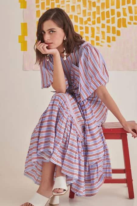 Khajoor Studio_Multi Color Modal, Satin Pearls Round Neck Embroidered Stripe Maxi Dress _at_Aza_Fashions