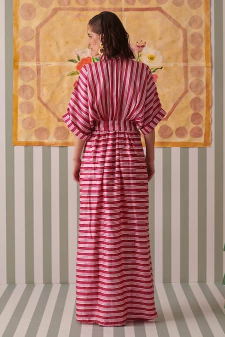 Khajoor Studio Pink Stripe Print Shirt Dress 