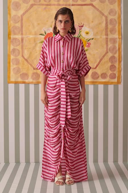 Khajoor Studio Pink Modal Collared Stripe Print Shirt Dress Online at Aza Fashions Khajoor Studio_Pink Modal Collared Stripe Print Shirt Dress _Online_at_Aza_Fashions