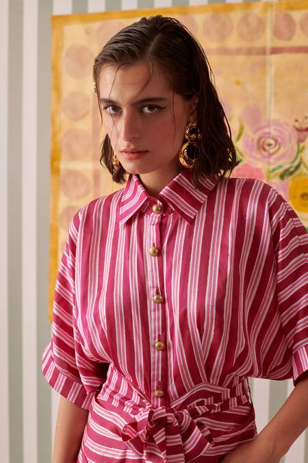Shop Khajoor Studio Pink Modal Collared Stripe Print Shirt Dress Online at Aza Fashions Shop_Khajoor Studio_Pink Modal Collared Stripe Print Shirt Dress _Online_at_Aza_Fashions