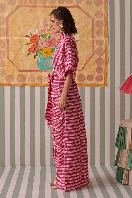 Khajoor Studio Pink Modal Collared Stripe Print Shirt Dress at Aza Fashions Khajoor Studio_Pink Modal Collared Stripe Print Shirt Dress _at_Aza_Fashions