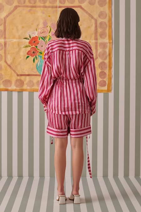 Khajoor Studio Pink Stripe Print Shirt & Shorts Set 