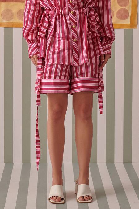 Khajoor Studio_Pink Modal Piping Collared Stripe Print Shirt And Shorts Set _Online_at_Aza_Fashions
