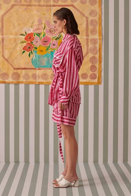 Shop_Khajoor Studio_Pink Modal Piping Collared Stripe Print Shirt And Shorts Set _Online_at_Aza_Fashions