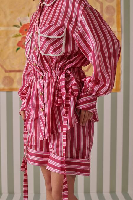 Buy_Khajoor Studio_Pink Modal Piping Collared Stripe Print Shirt And Shorts Set 