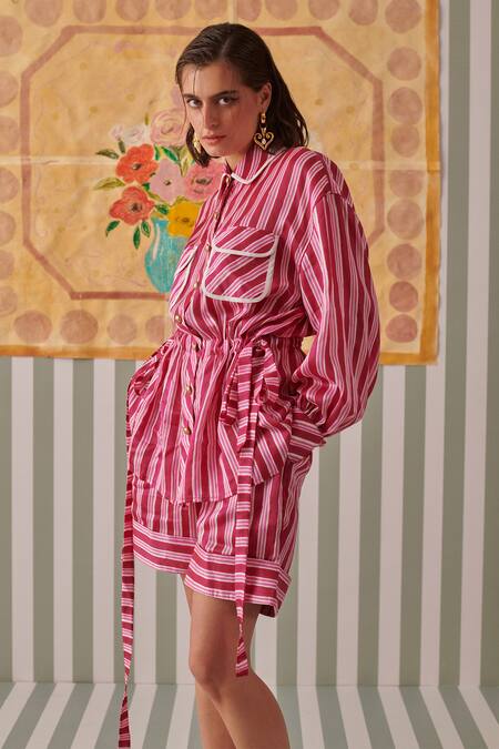 Shop_Khajoor Studio_Pink Modal Piping Collared Stripe Print Shirt And Shorts Set 