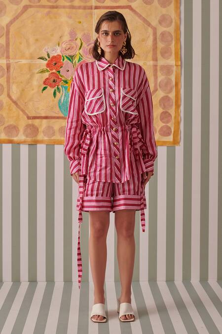 Khajoor Studio_Pink Modal Piping Collared Hand Block Print Relaxed Fit Shirt _Online_at_Aza_Fashions